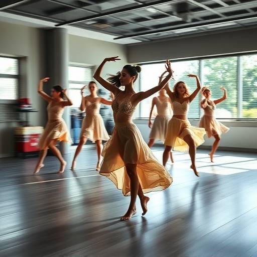 A group of dancers in a contemporary dance class, moving fluidly