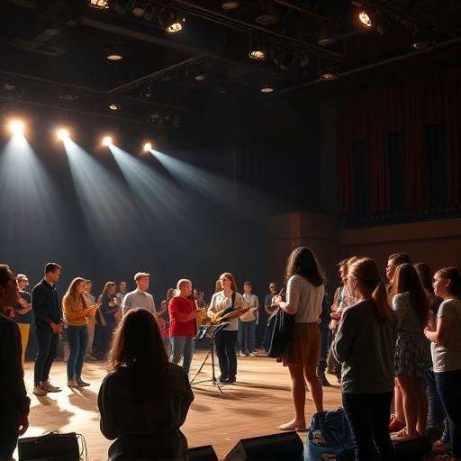 A group of students rehearsing a musical theater number on stage